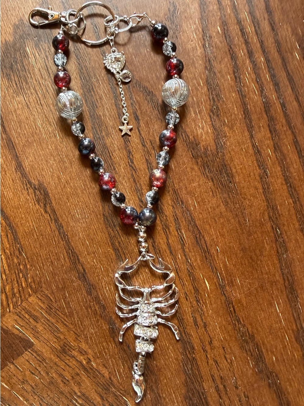 Silver Scorpion Pendant Keychain / Backpack clip with Red and Black Beads